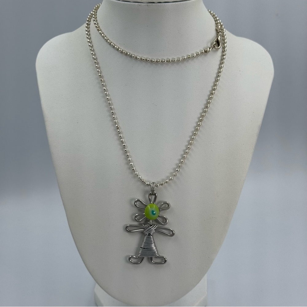 Girl Shaped Wire Charm on Ball Chain Necklace Lightweight Abstract Flower Child